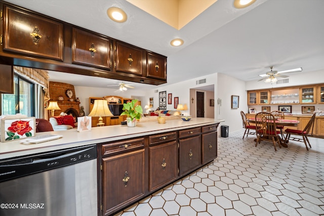 kitchen with dark brown cabinetry, visible vents, a ceiling fan, light countertops, and stainless steel dishwasher