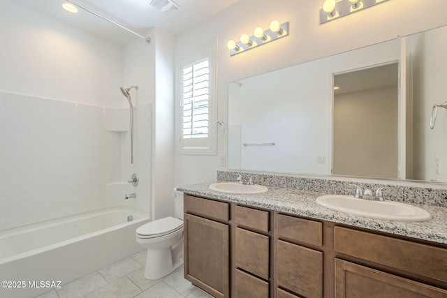 bathroom featuring tile patterned flooring, a sink, toilet, and double vanity