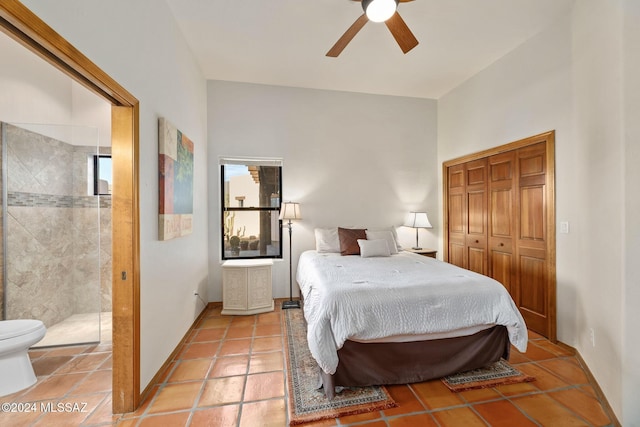 bedroom with a closet, ceiling fan, baseboards, and tile patterned floors