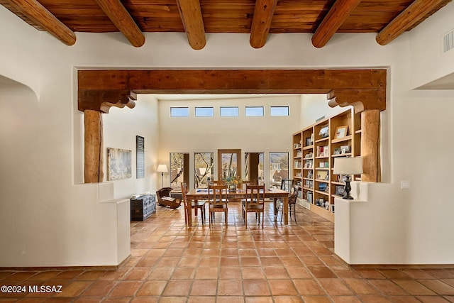 dining area with beam ceiling, light tile patterned floors, visible vents, wooden ceiling, and baseboards