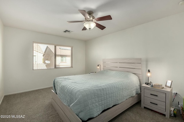 carpeted bedroom featuring visible vents, ceiling fan, and baseboards