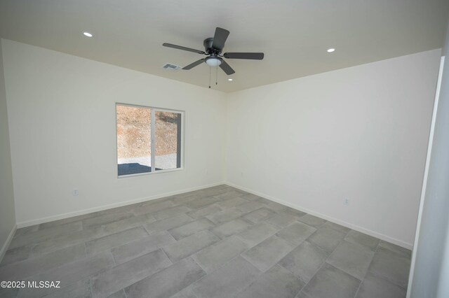 unfurnished room featuring baseboards, a ceiling fan, and recessed lighting