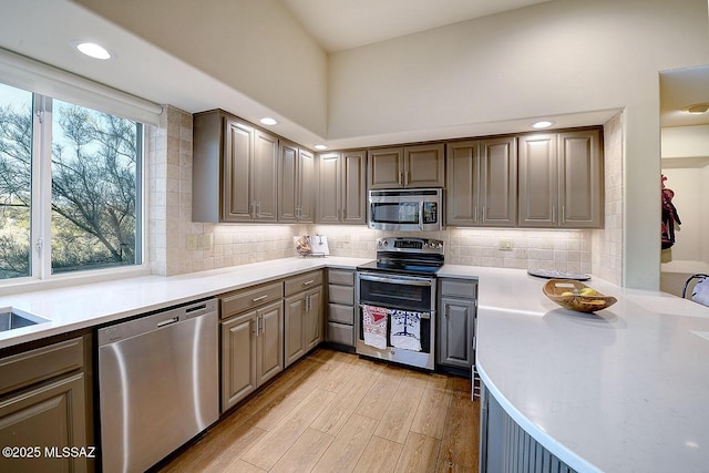 kitchen featuring gray cabinets, light countertops, backsplash, appliances with stainless steel finishes, and light wood-style floors