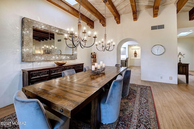 dining space featuring arched walkways, visible vents, wood finished floors, wooden ceiling, and beamed ceiling