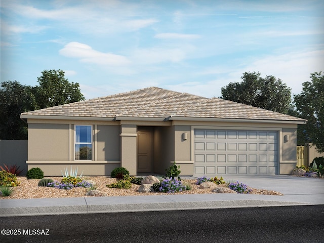 single story home with a garage, concrete driveway, and stucco siding