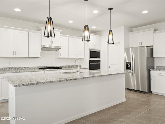 314 N Pecan Pie Pl, Sahuarita, AZ 85629 - kitchen with black cooktop, stainless steel fridge, wall oven, under cabinet range hood, and a sink