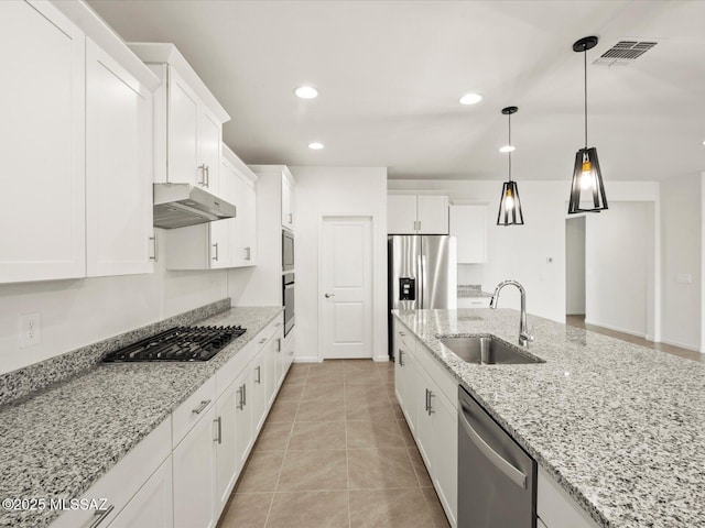 314 N Pecan Pie Pl, Sahuarita, AZ 85629 - kitchen featuring white cabinets, a sink, appliances with stainless steel finishes, visible vents, and under cabinet range hood