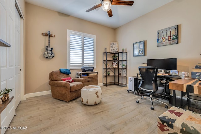 home office with ceiling fan, wood finished floors, and baseboards