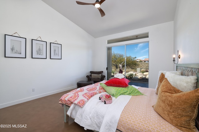 bedroom featuring a ceiling fan, access to outside, lofted ceiling, and baseboards