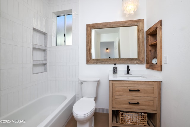 full bathroom featuring toilet, shower / bath combination, baseboards, and vanity