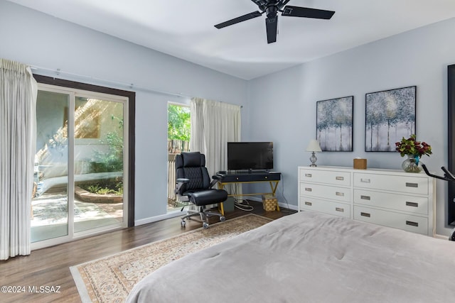 bedroom featuring access to exterior, baseboards, ceiling fan, and light wood finished floors