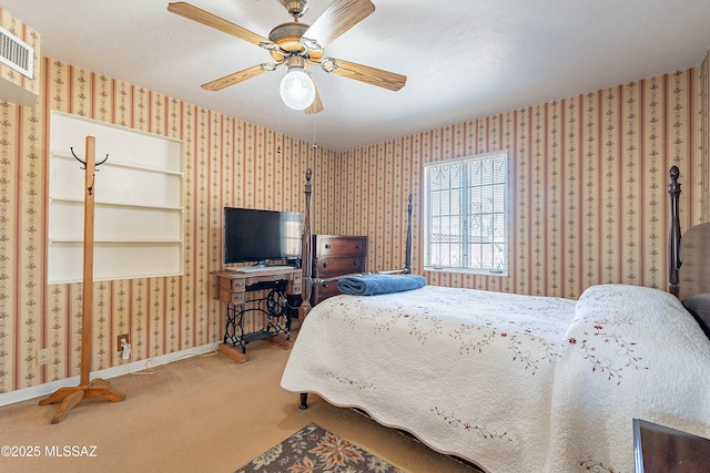 3021 E 2nd St, Tucson, AZ 85716 - bedroom with carpet, wallpapered walls, ceiling fan, and baseboards