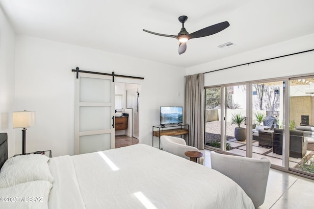 bedroom featuring access to outside, visible vents, ceiling fan, and a barn door