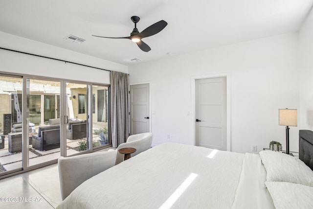 bedroom with access to exterior, visible vents, and a ceiling fan