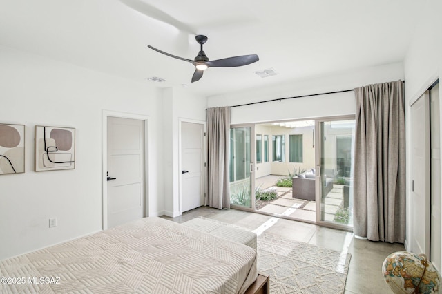 bedroom with access to exterior, visible vents, and ceiling fan