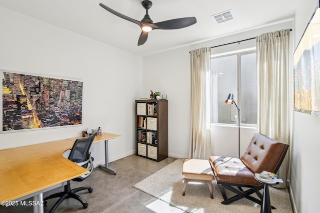 home office featuring a ceiling fan, visible vents, finished concrete flooring, and baseboards