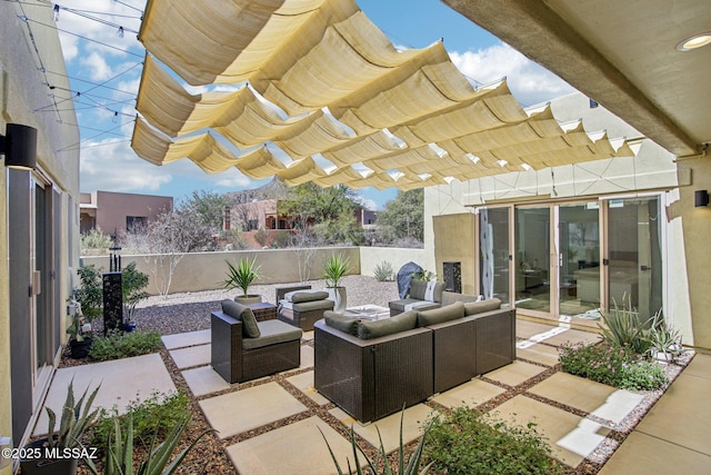 view of patio with a pergola, a fenced backyard, and an outdoor hangout area