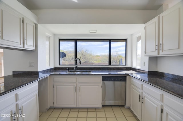 kitchen featuring a sink, a healthy amount of sunlight, white cabinetry, and stainless steel dishwasher