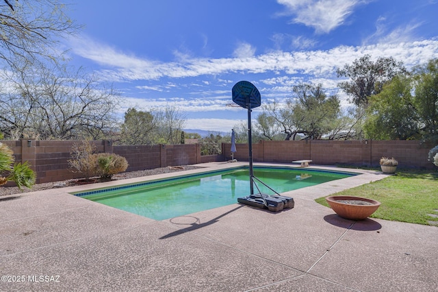 view of swimming pool with a fenced in pool, a patio area, and a fenced backyard