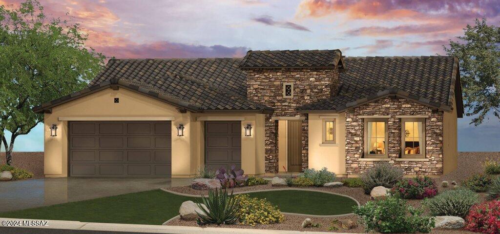 view of front of property with an attached garage, stone siding, driveway, and a tiled roof