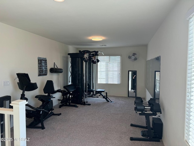 workout room featuring carpet