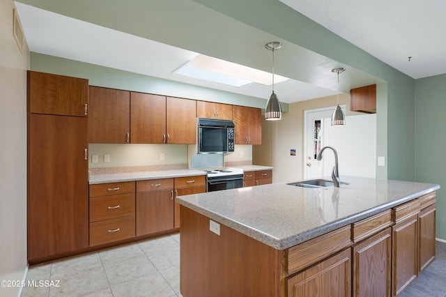 kitchen featuring a sink, electric range oven, a skylight, brown cabinetry, and black microwave