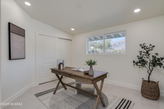 home office with baseboards, vaulted ceiling, and recessed lighting