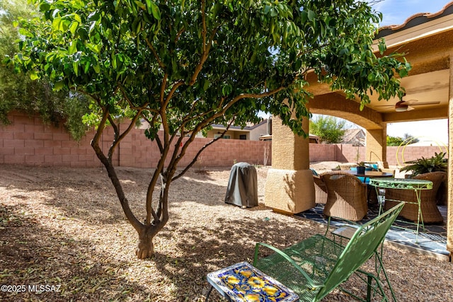 view of yard with a ceiling fan, a fenced backyard, and a patio