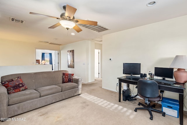 carpeted office with baseboards, recessed lighting, visible vents, and a ceiling fan