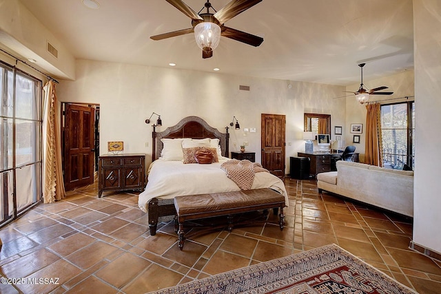 bedroom featuring recessed lighting, visible vents, and ceiling fan