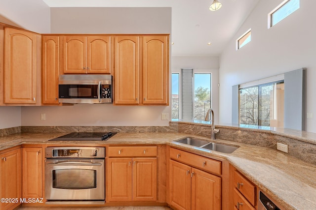 kitchen with lofted ceiling, appliances with stainless steel finishes, a sink, and recessed lighting