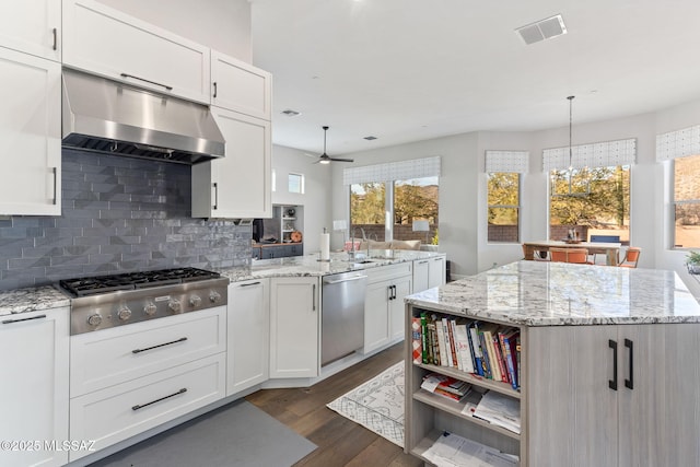 kitchen featuring white cabinets, under cabinet range hood, visible vents, and stainless steel appliances