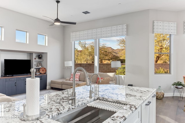 kitchen featuring visible vents, open floor plan, wood finished floors, light stone countertops, and a sink