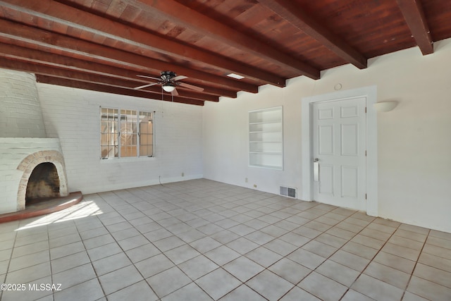 unfurnished living room with built in shelves, a fireplace, visible vents, wood ceiling, and brick wall