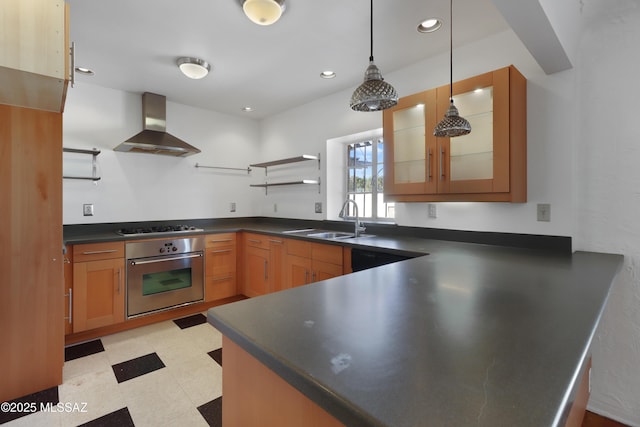 kitchen with open shelves, stainless steel appliances, a sink, wall chimney exhaust hood, and dark countertops