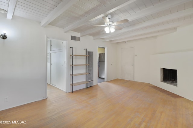 unfurnished living room with light wood finished floors, a fireplace, visible vents, and beamed ceiling