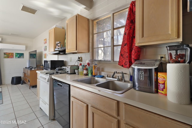 kitchen with black dishwasher, visible vents, light countertops, light brown cabinets, and a sink