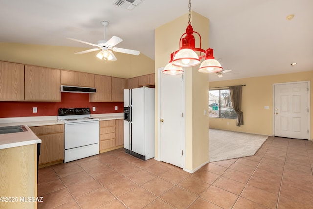 kitchen with visible vents, light brown cabinets, light tile patterned flooring, white appliances, and under cabinet range hood