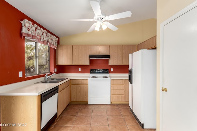 kitchen featuring light tile patterned floors, light brown cabinetry, a sink, white appliances, and under cabinet range hood