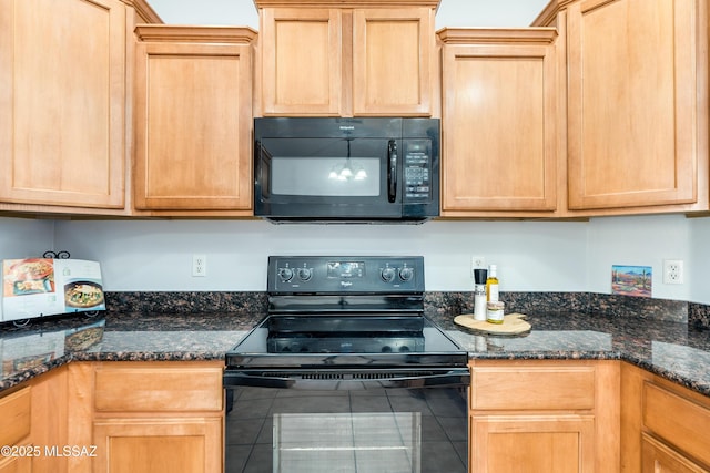 kitchen with black appliances and light brown cabinetry