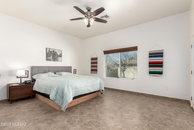 bedroom with a ceiling fan, tile patterned flooring, visible vents, and baseboards