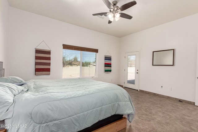 carpeted bedroom featuring access to outside, multiple windows, baseboards, and a ceiling fan