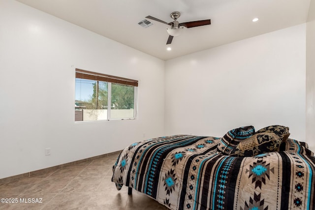 bedroom with ceiling fan, recessed lighting, visible vents, and baseboards