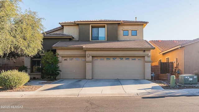 view of front of house featuring a tile roof, stucco siding, central AC unit, a garage, and driveway