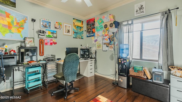 home office featuring ceiling fan, dark wood-type flooring, and crown molding