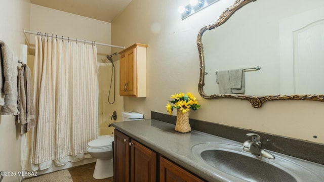 full bath featuring toilet, shower / bathtub combination with curtain, vanity, and tile patterned floors