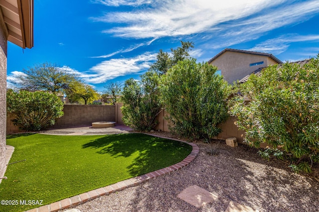 view of yard with a fenced backyard and a patio