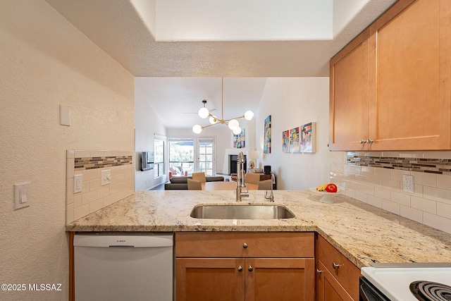 kitchen with decorative backsplash, a sink, light stone countertops, white appliances, and a peninsula