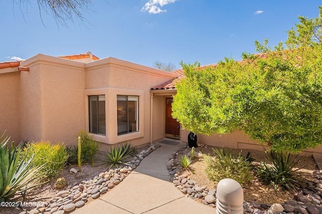 entrance to property with stucco siding and a tiled roof