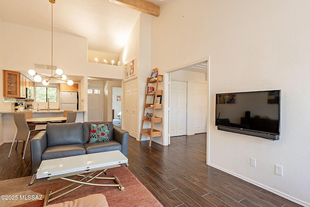 living area featuring dark wood-style floors, beam ceiling, visible vents, high vaulted ceiling, and baseboards